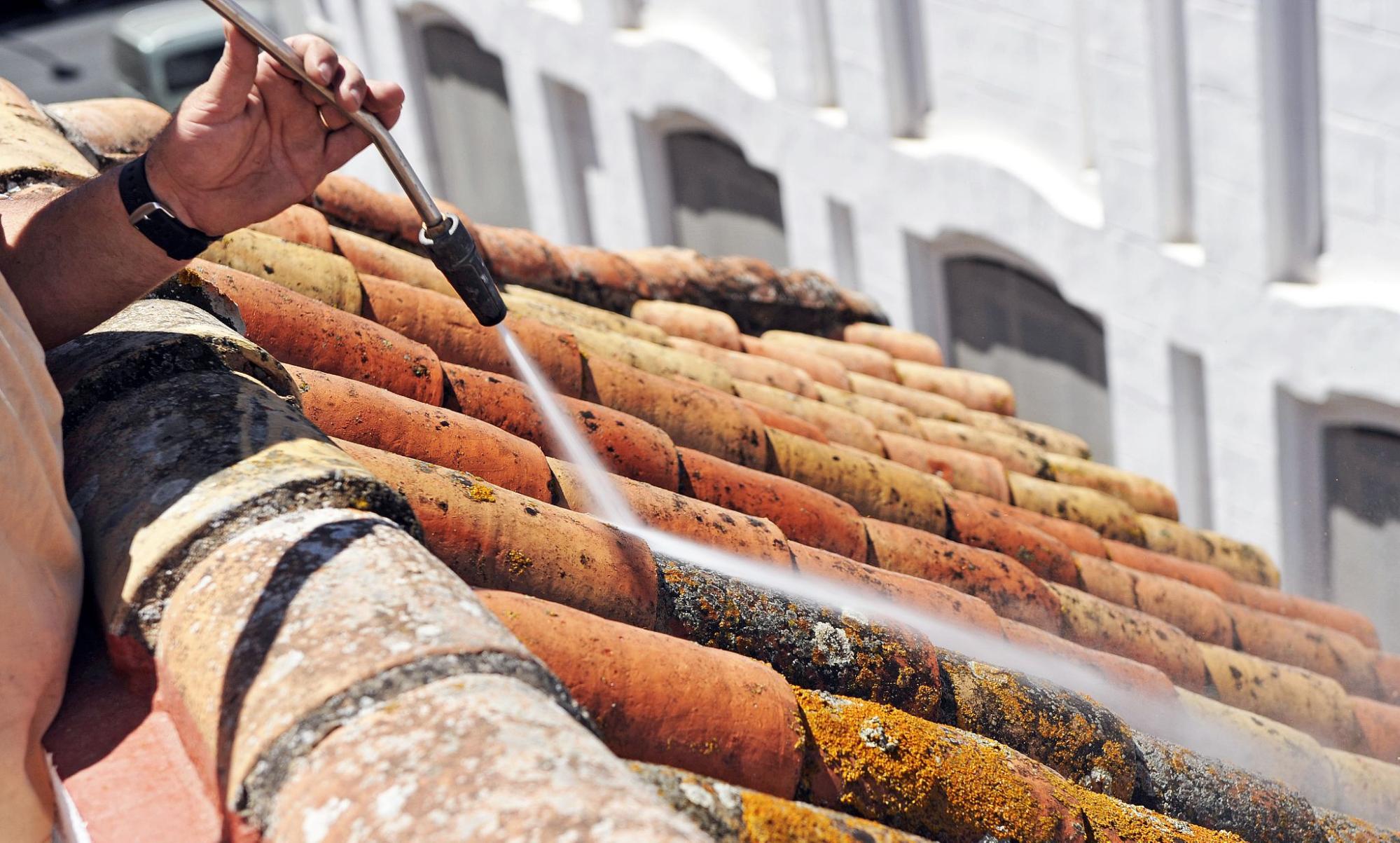 Dakreiniging met lage druk waarbij mos en vuil van dakpannen verwijderd worden
